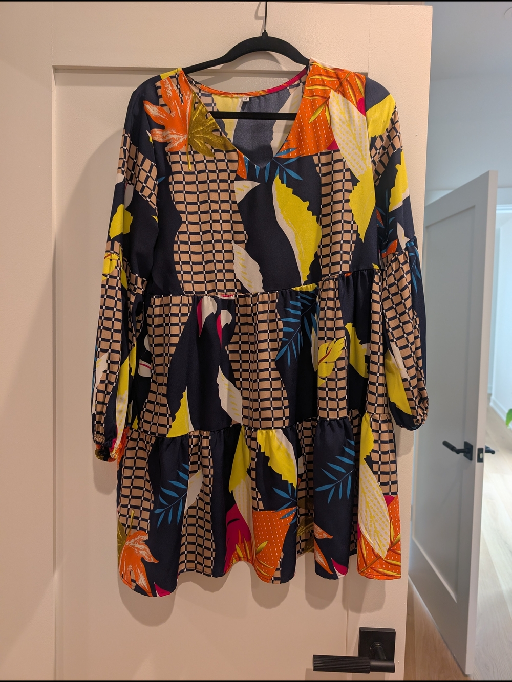 Bold Tiered Tunic Dress in Navy, Yellow & Orange